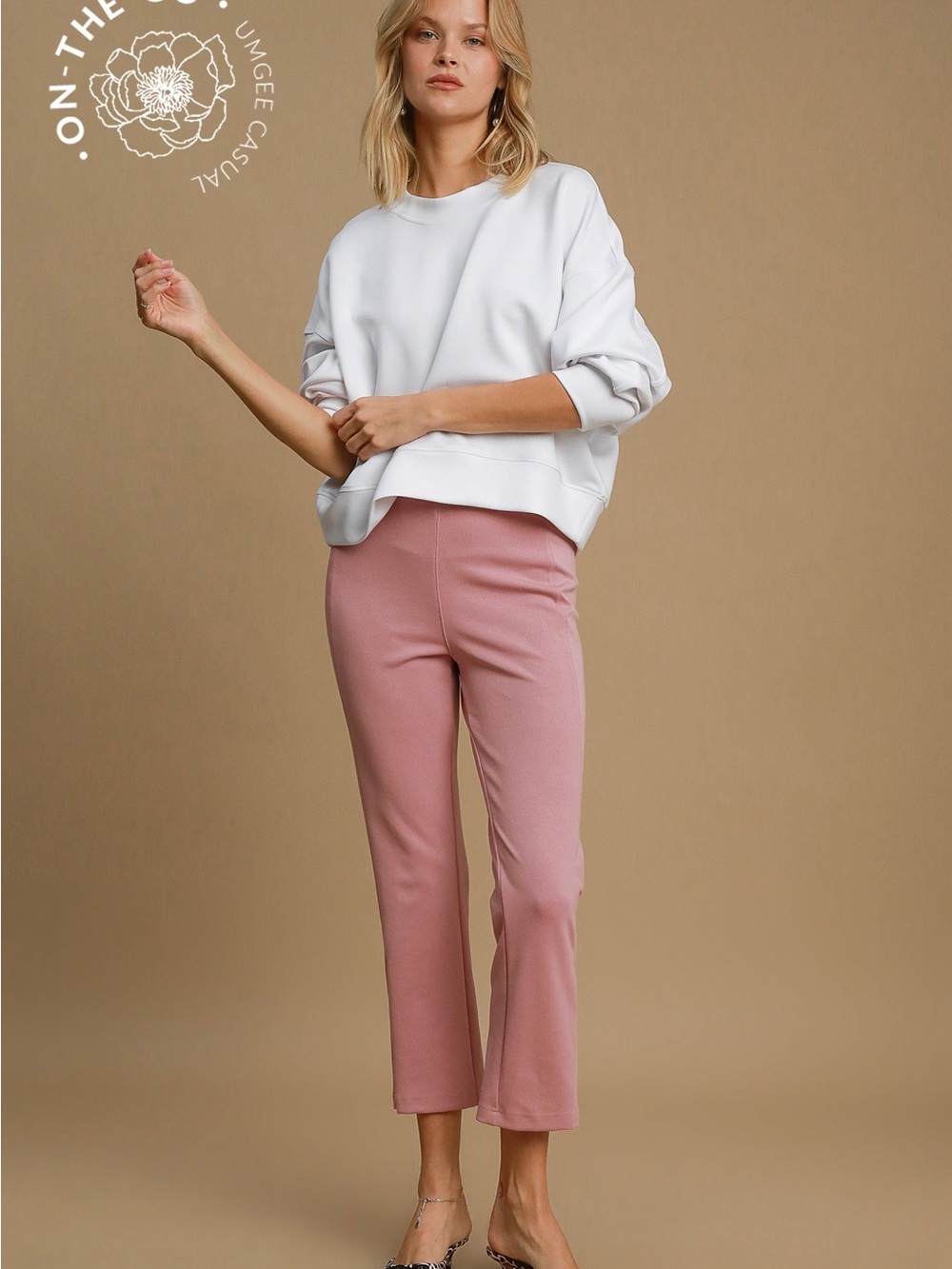 Umgee Blush Pink Cropped Straight-Leg Knit Pants